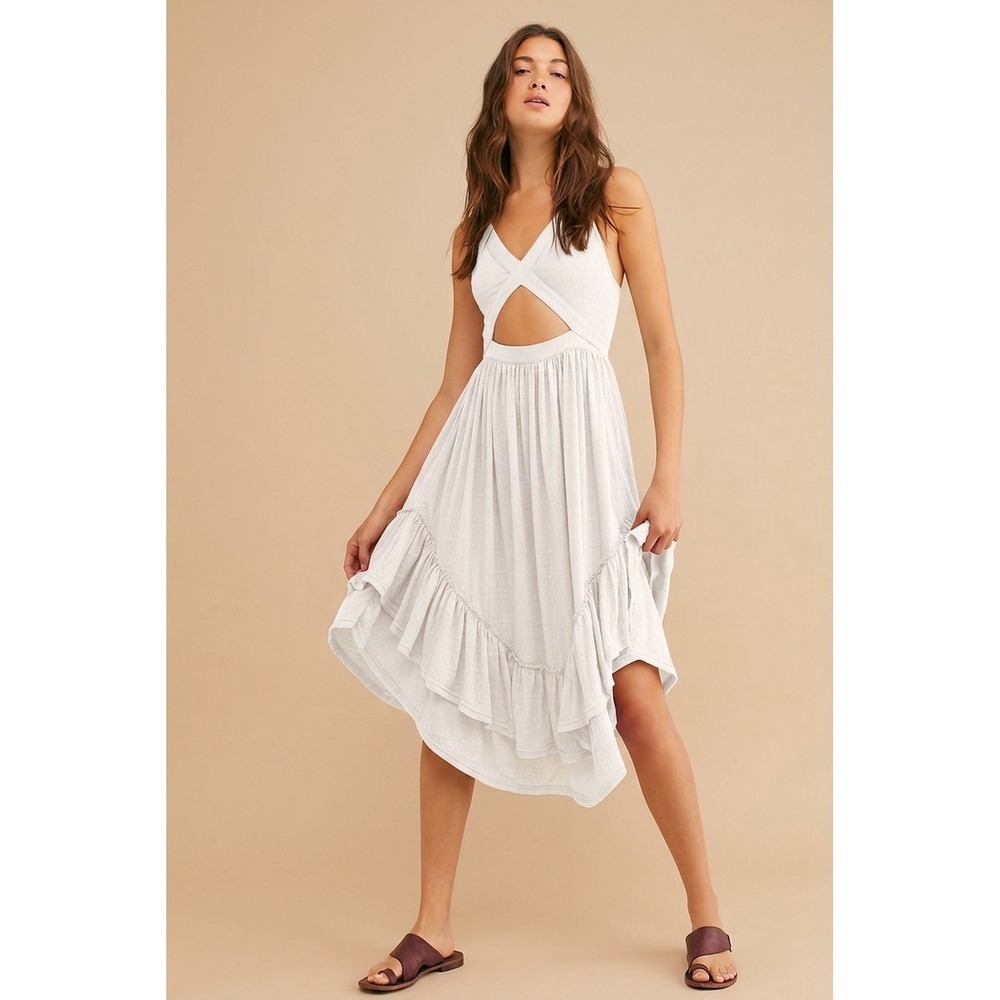 Free People Beach Womens Royce Midi Dress M White Gauze Ruffle Cutout Boho